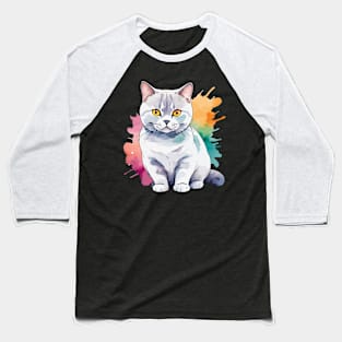 British Shorthair Cat Watercolor Drawing Baseball T-Shirt